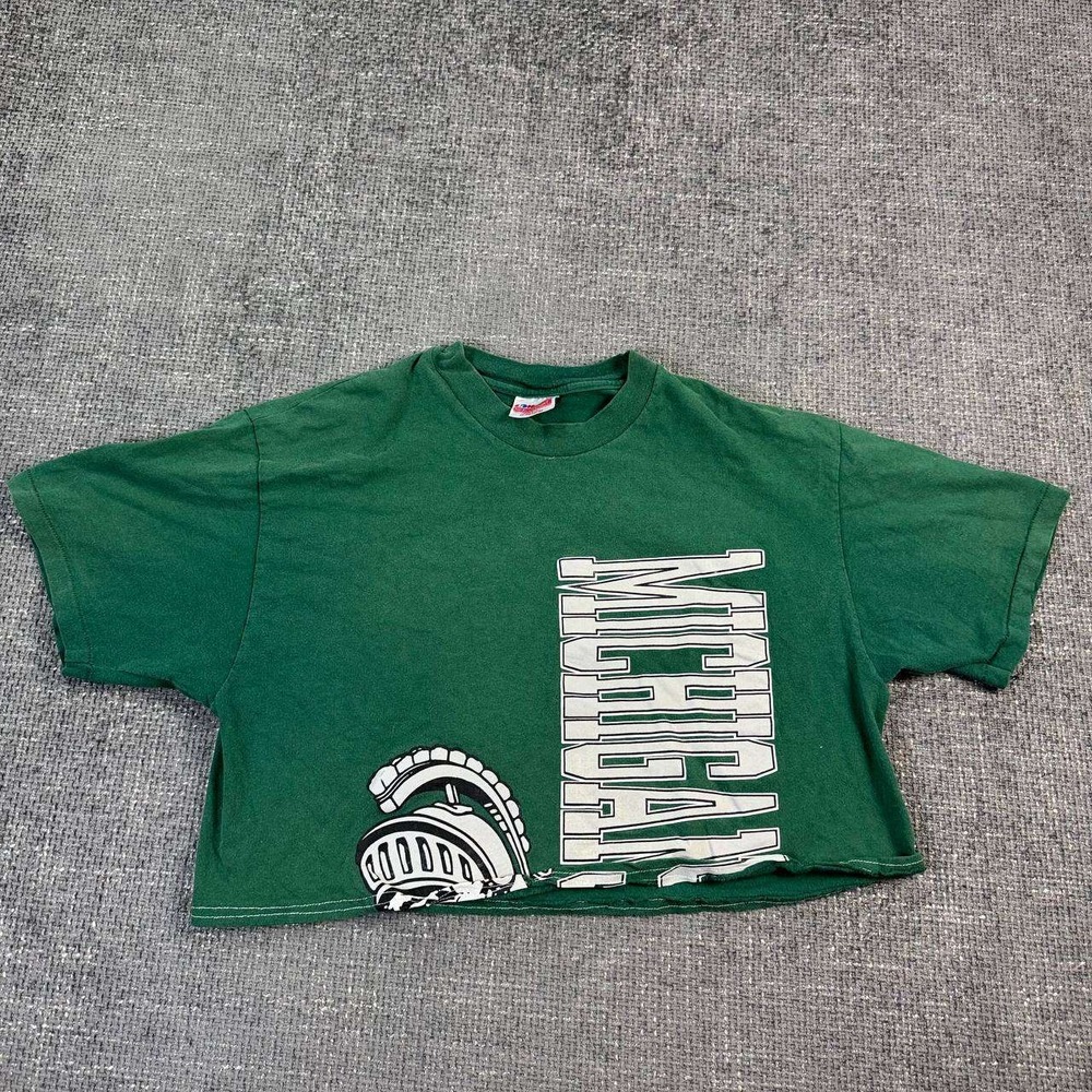 Hanes Michigan State Spartans T-Shirt Mens XL Green Vintage 90s Cropped Graphic